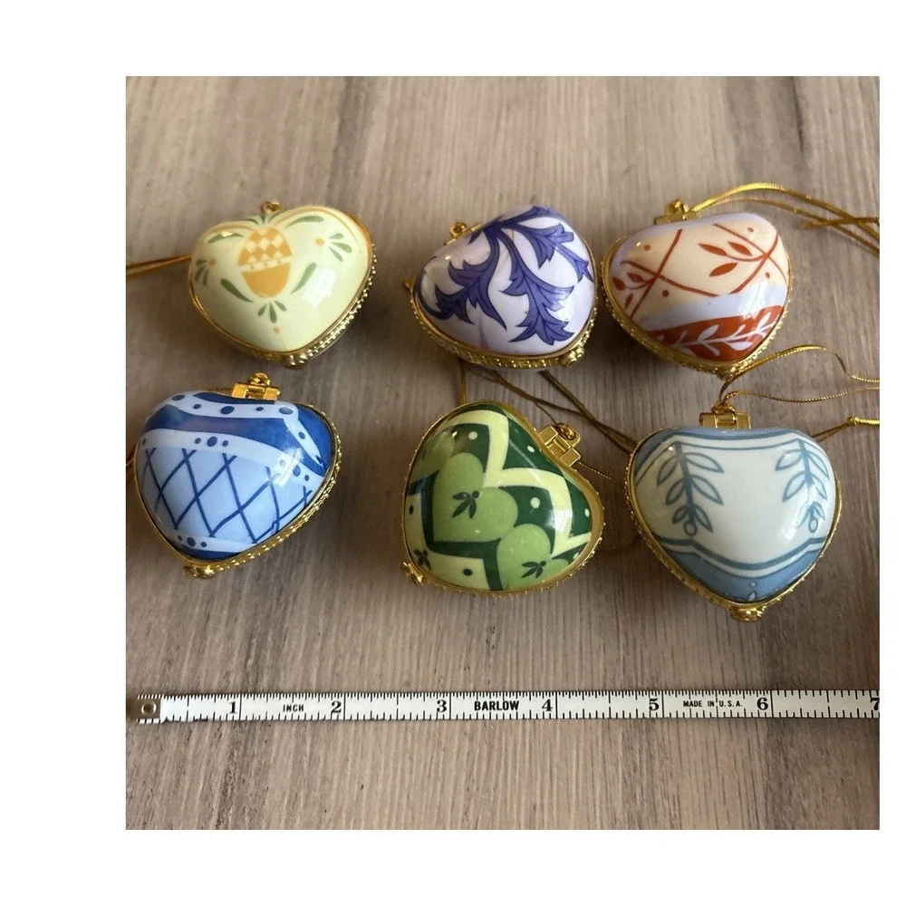 6 Valerie Parr Hill Heart Xmas Trinket Box Locket Ornaments Faith Laughter Peace